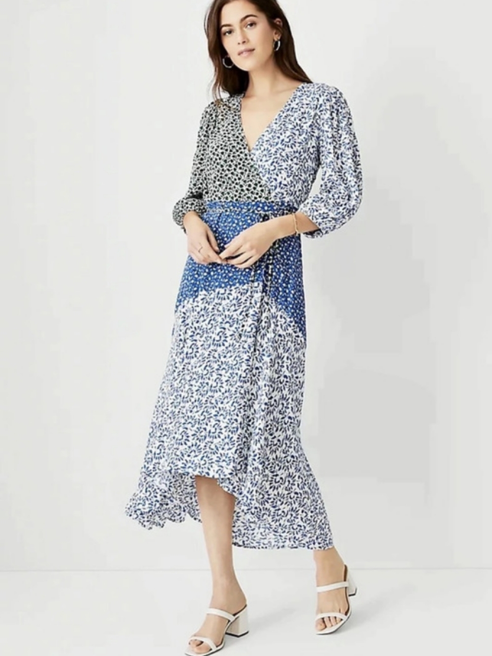 Ann Taylor Mixed Floral Patchwork High-Low Midi Wrap Dress
